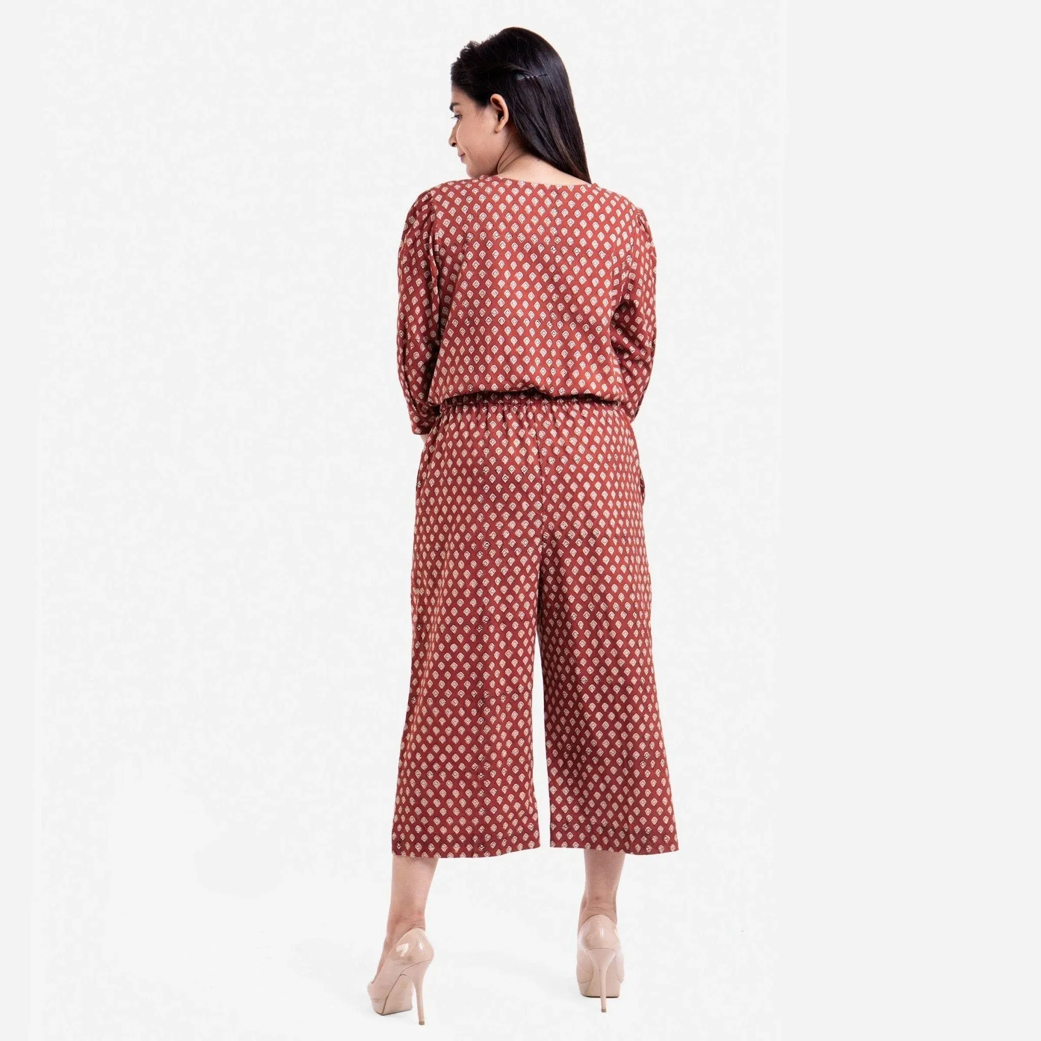 Brick Red Block Printed Midi Cotton Jumpsuit