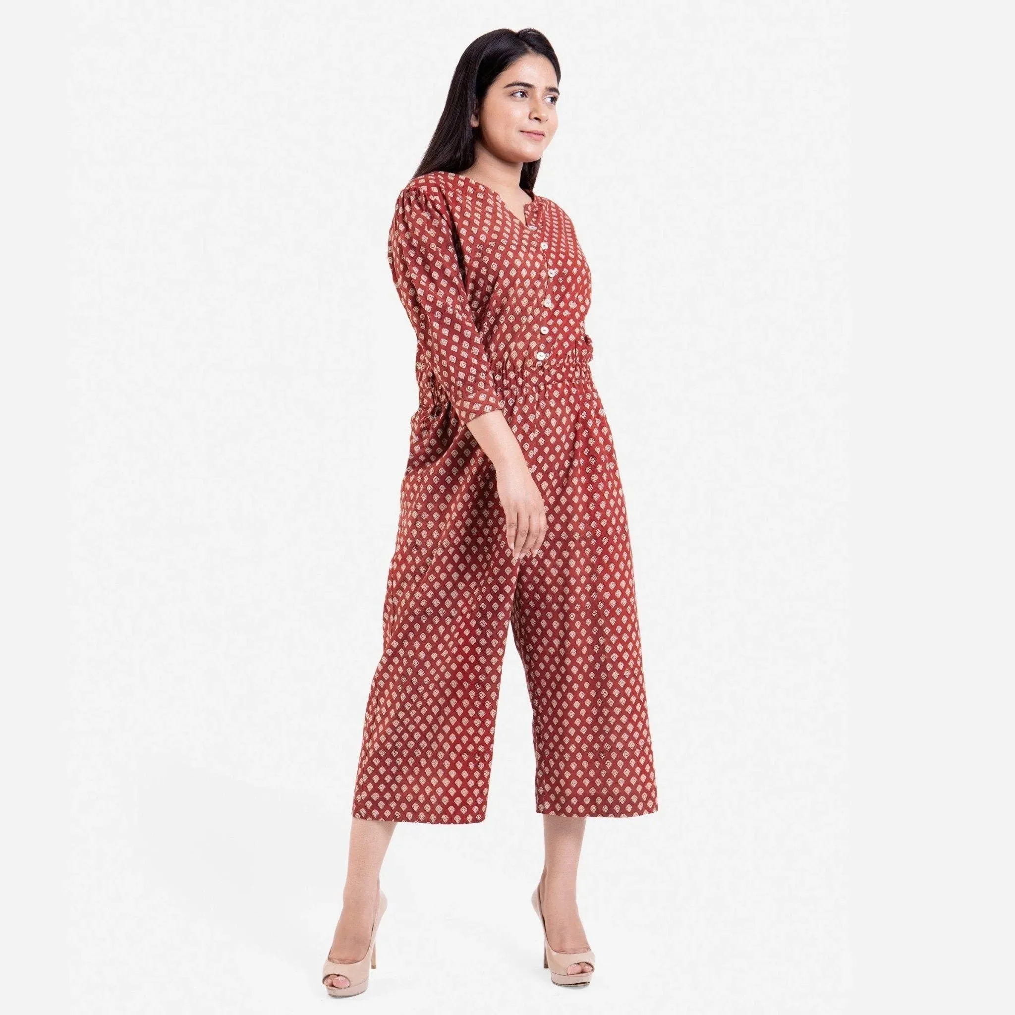 Brick Red Block Printed Midi Cotton Jumpsuit