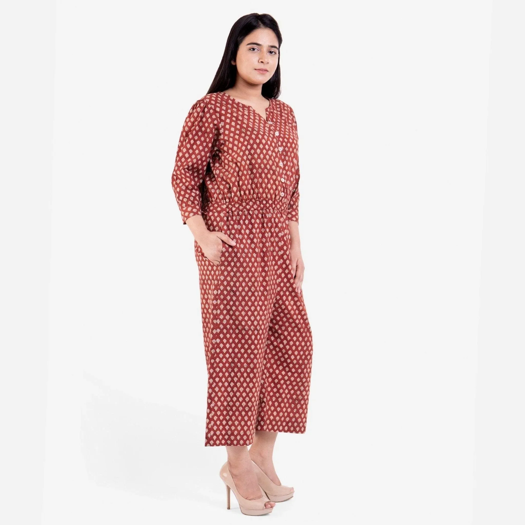 Brick Red Block Printed Midi Cotton Jumpsuit