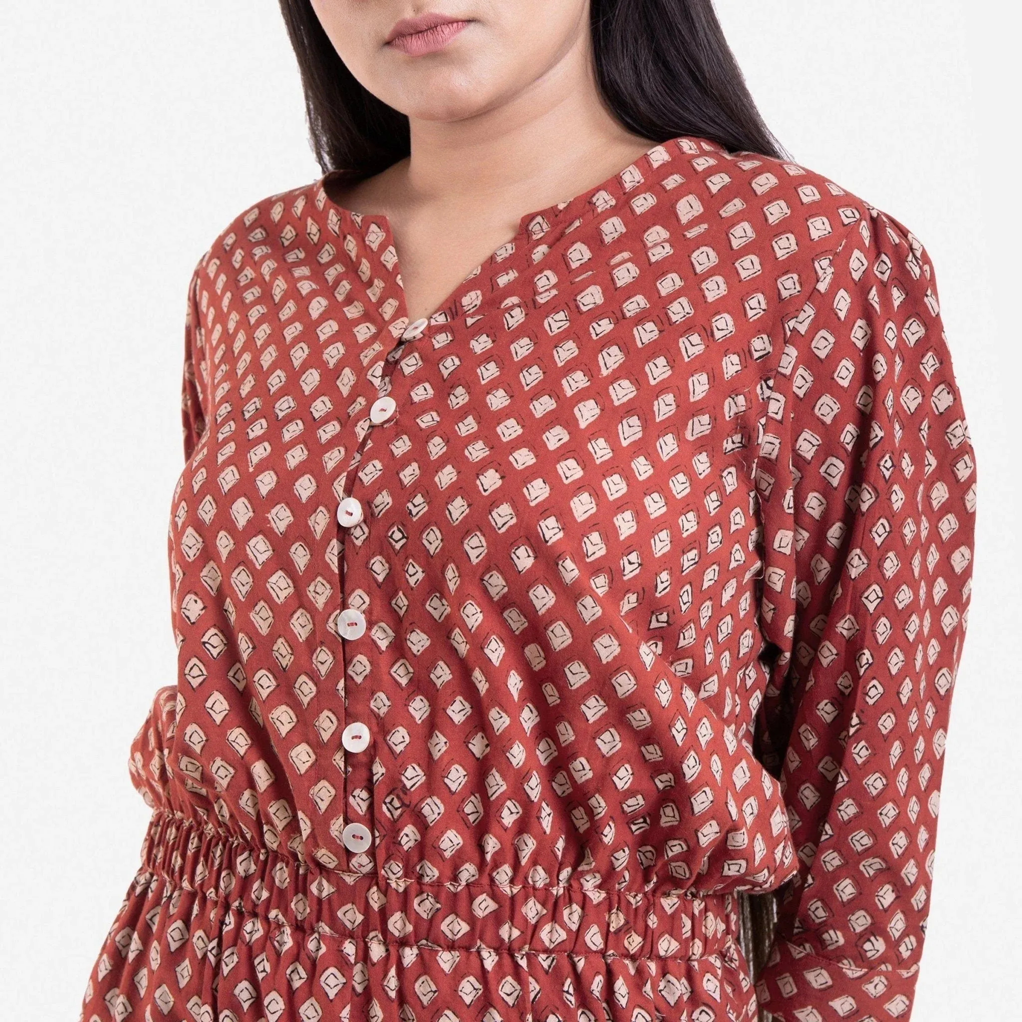 Brick Red Block Printed Midi Cotton Jumpsuit