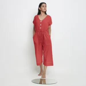 Brick Red Vegetable Dyed Cotton High-Rise Wide Legged Jumpsuit