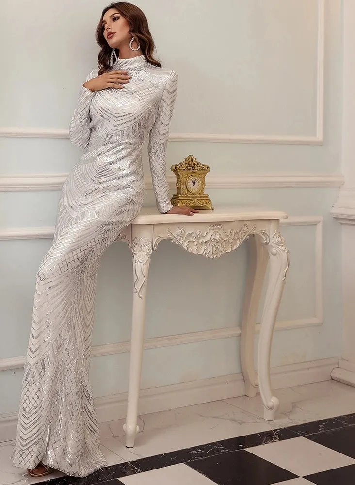 Bridesmaid Elegant High Neck Sequin Dress Long Sleeve Maxi Bodycon Dress