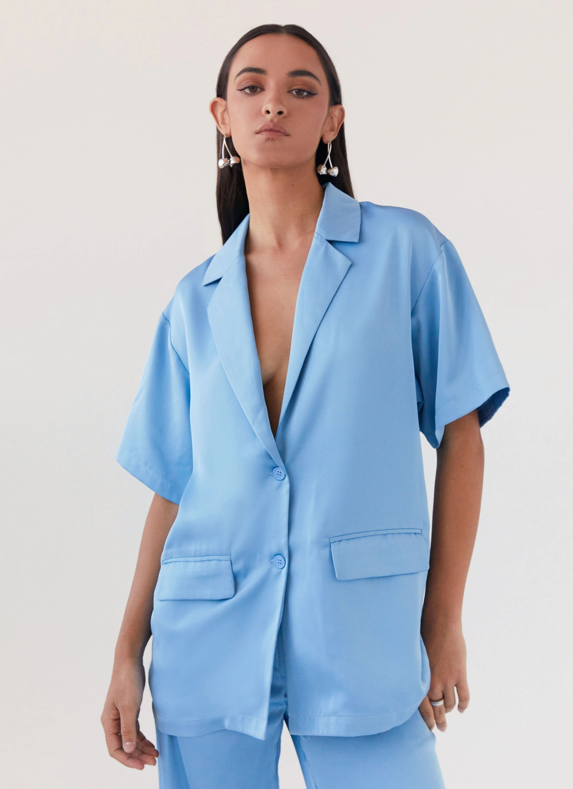 Brinkley Oversized Satin Shirt - Sky Blue
