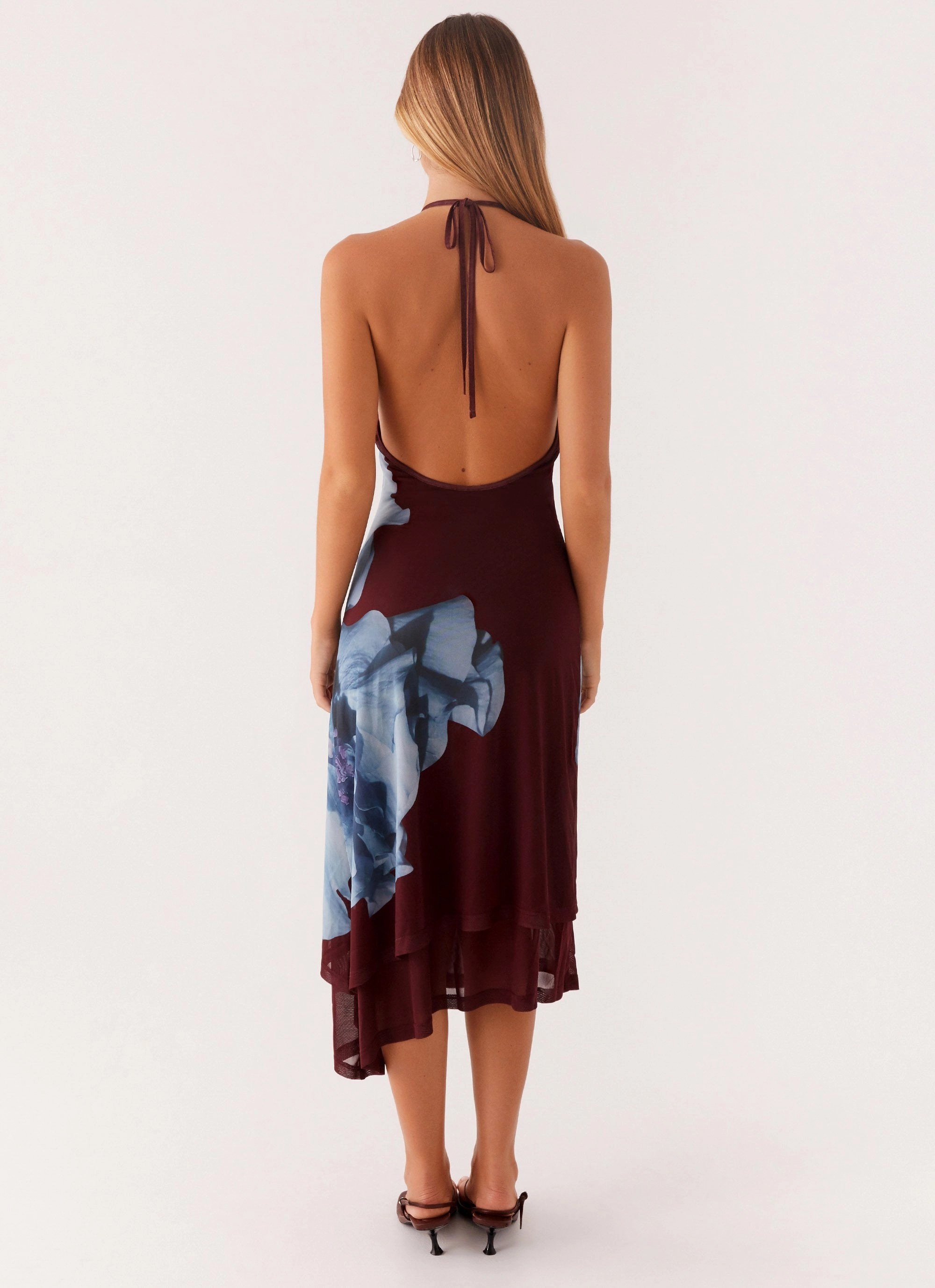 Brinley Halterneck Midi Dress - Maroon Print