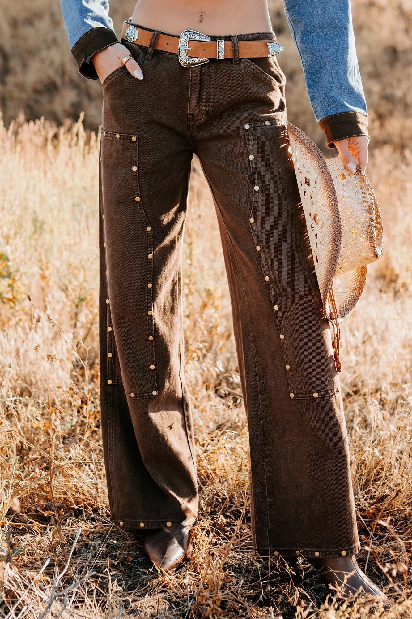 Brody Studded Wide Leg TicToc Jeans (Brown)