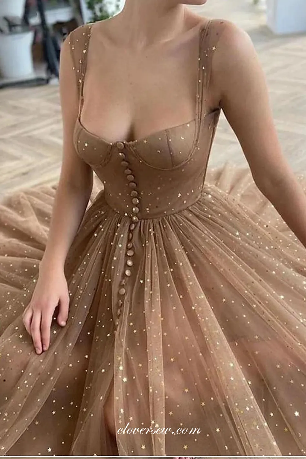 Brown Sequined Tulle Fashion A-line Ankle Length Prom Dresse, CP0725