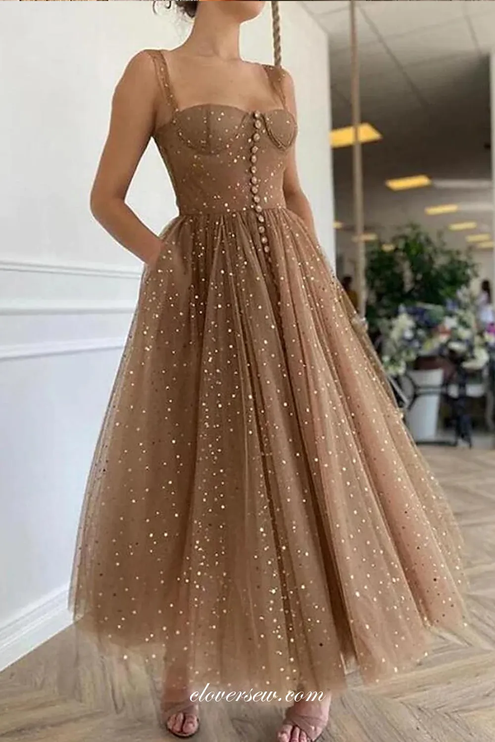 Brown Sequined Tulle Fashion A-line Ankle Length Prom Dresse, CP0725