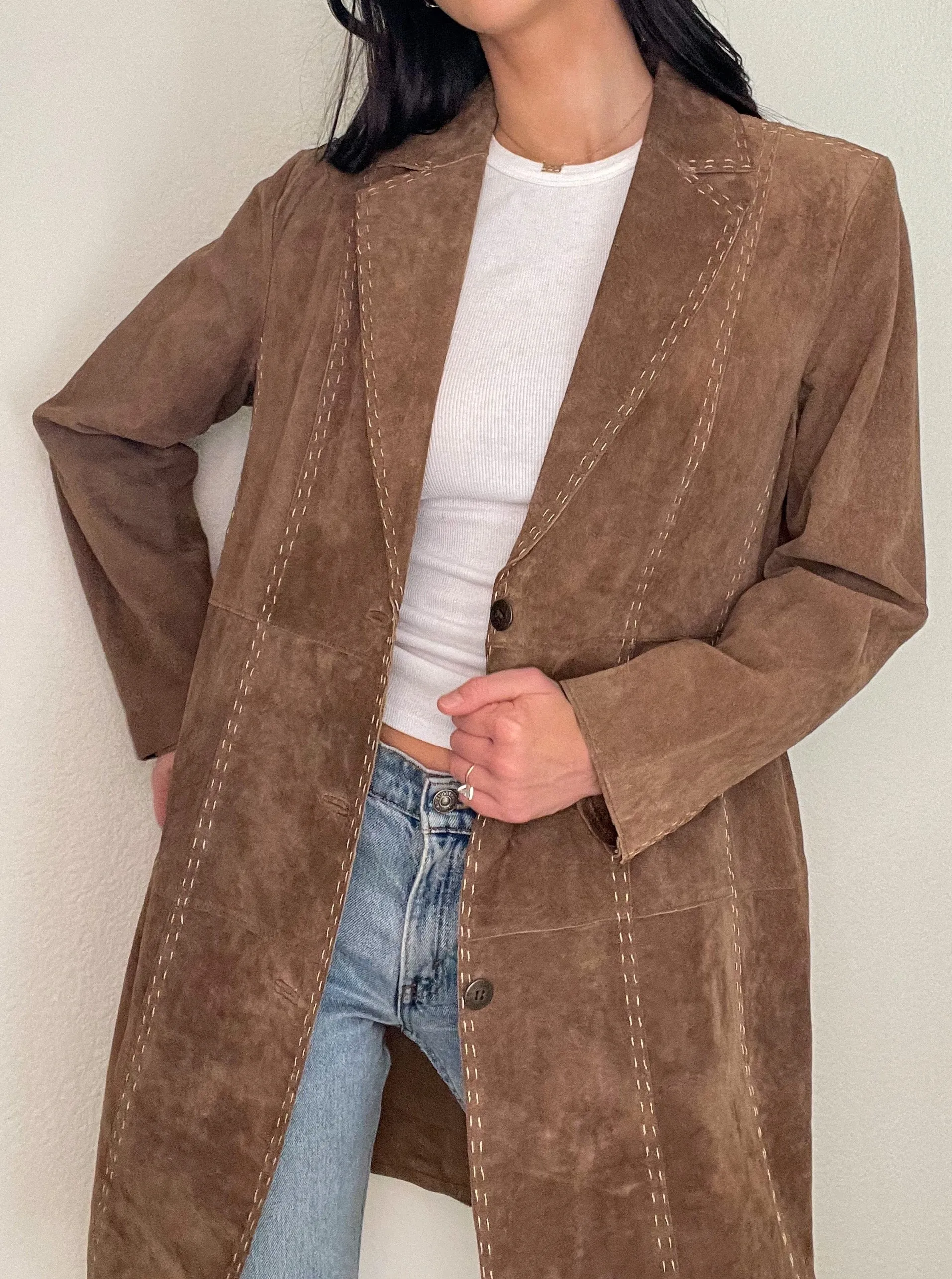 Brown Suede Long Stitch Trench Coat