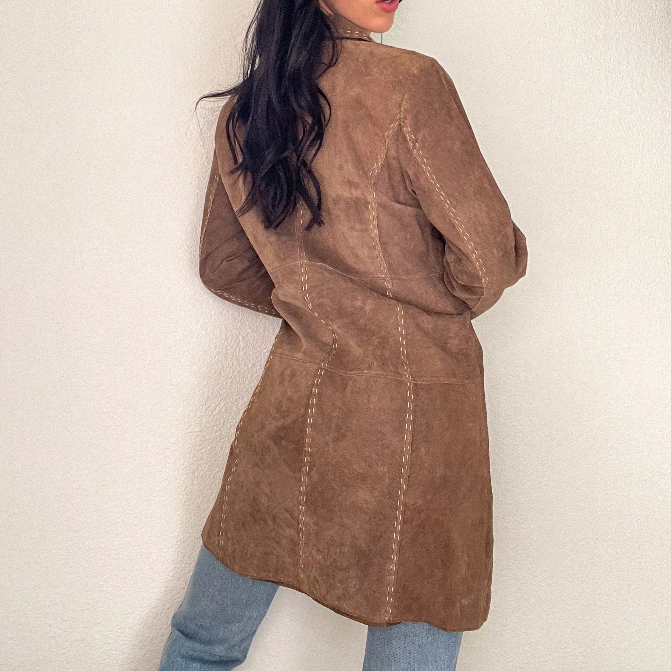 Brown Suede Long Stitch Trench Coat