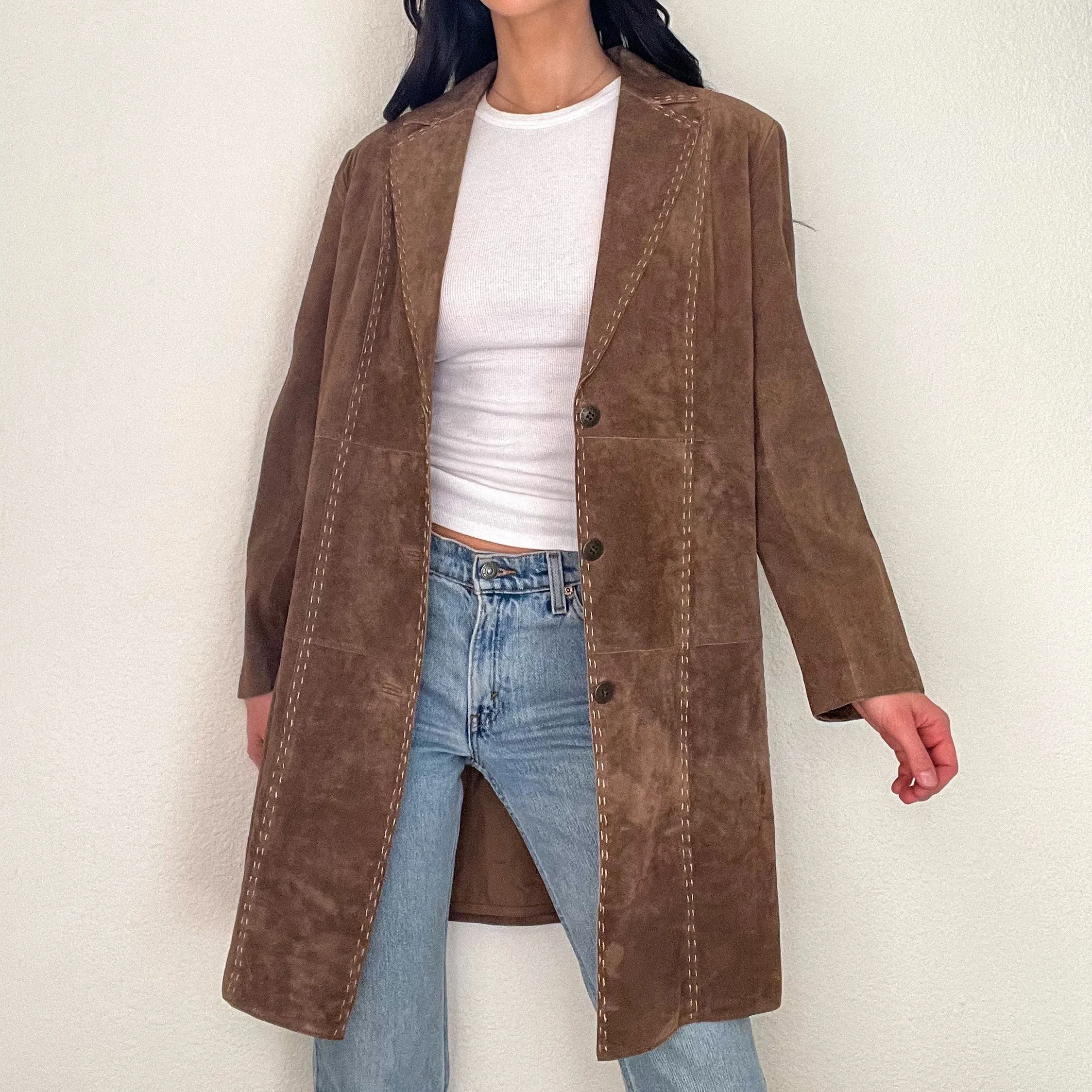Brown Suede Long Stitch Trench Coat