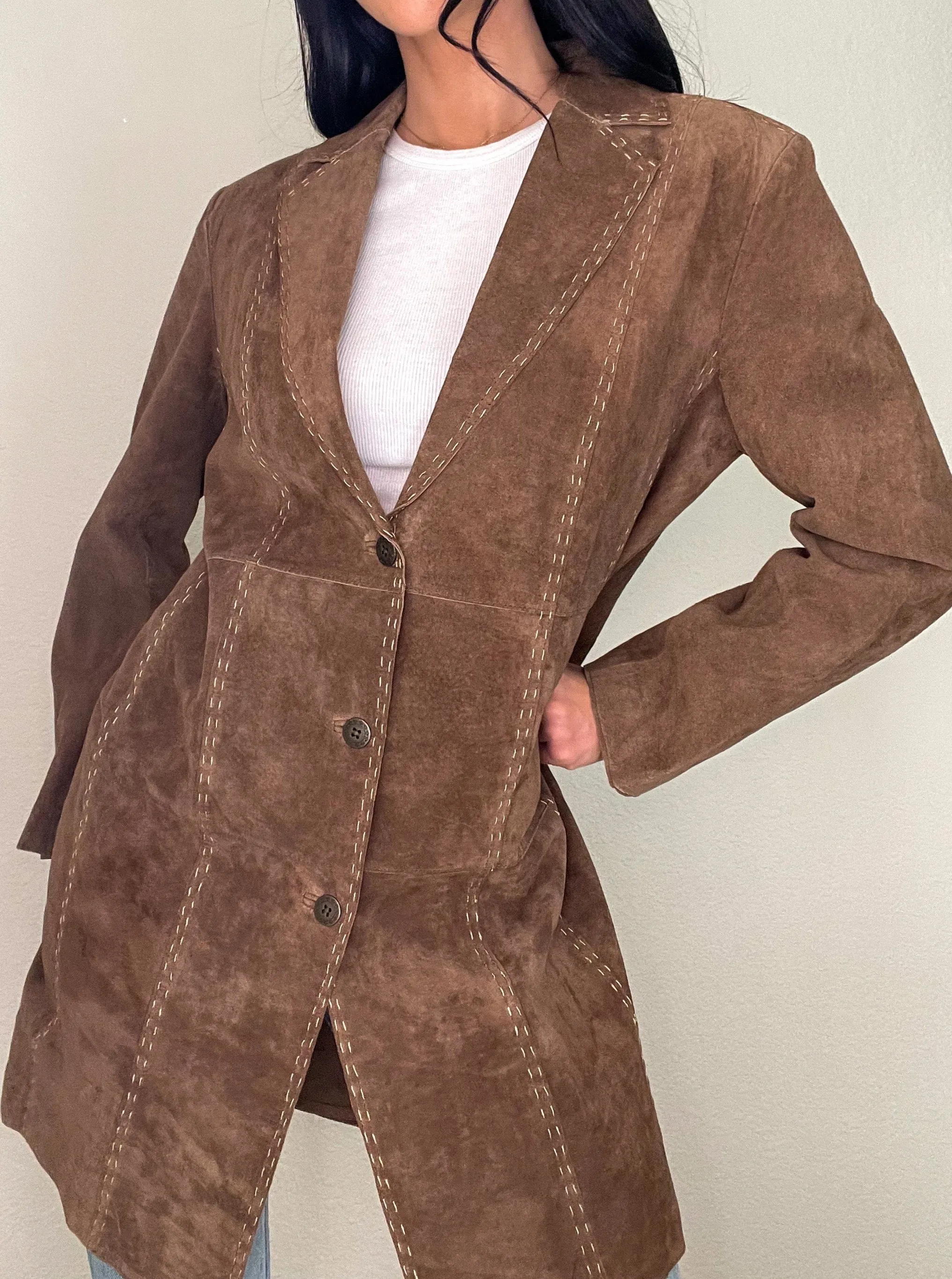 Brown Suede Long Stitch Trench Coat