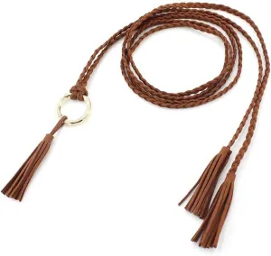 Brown Tassel Braided Waist Belt for Women Skinny Woven Chains Belts Belly PU Leather Rope Jewelry Accessories for Dress