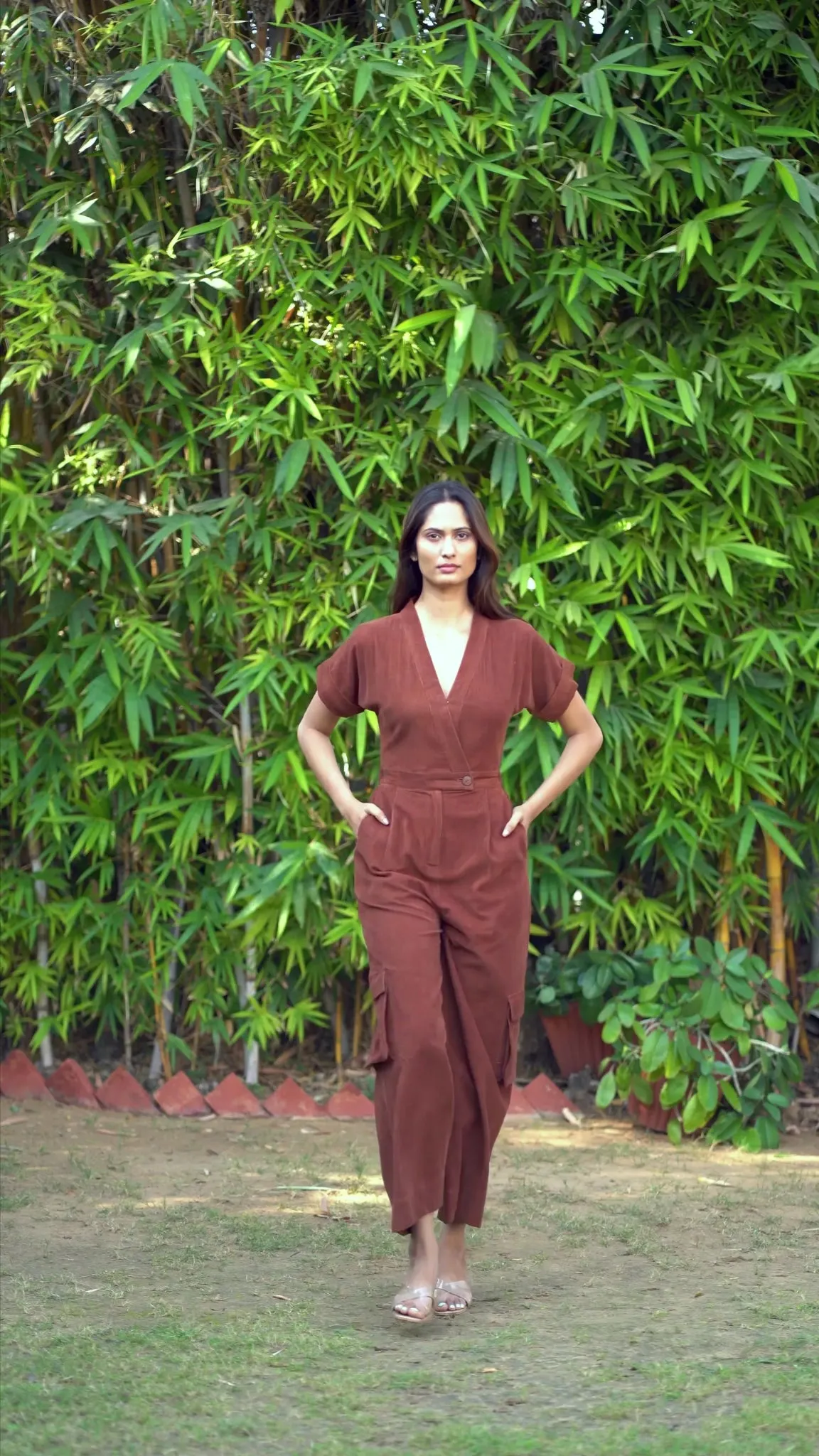 Brown Warm Cotton Corduroy Wide Legged Wrap Cargo Jumpsuit