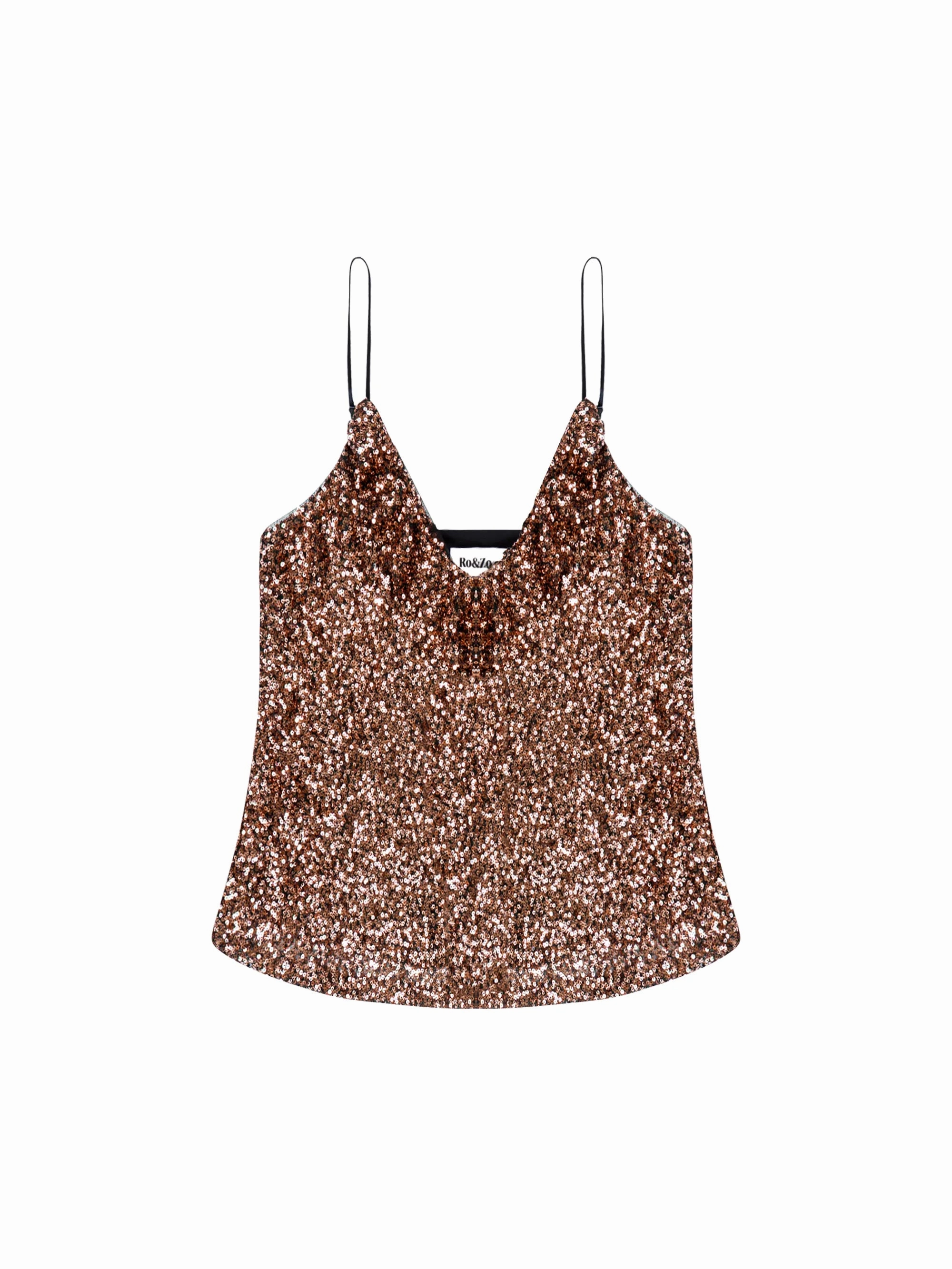 Brown Ruffle Neckline Sequin Cami Top