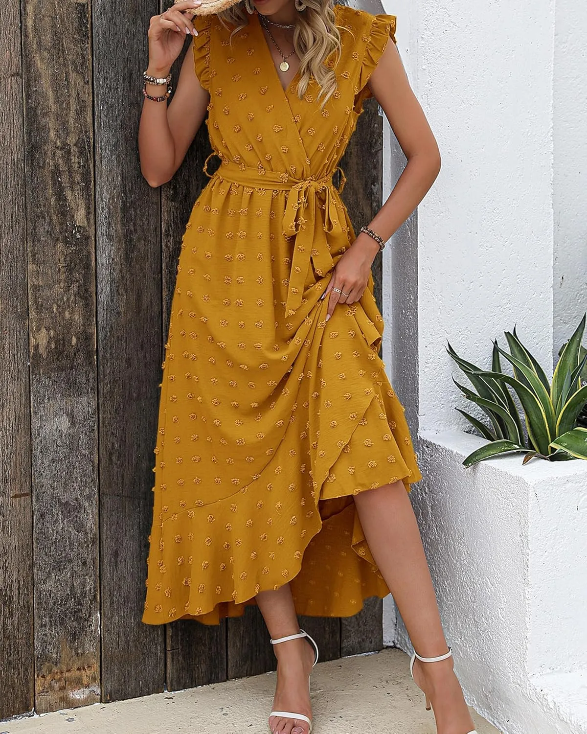BTFBM Women V Neck Summer Dress 2025 Cap Sleeve Swiss Dot Boho Flowy Ruffle Slit Beach Party Long Maxi Cocktail Dresses
