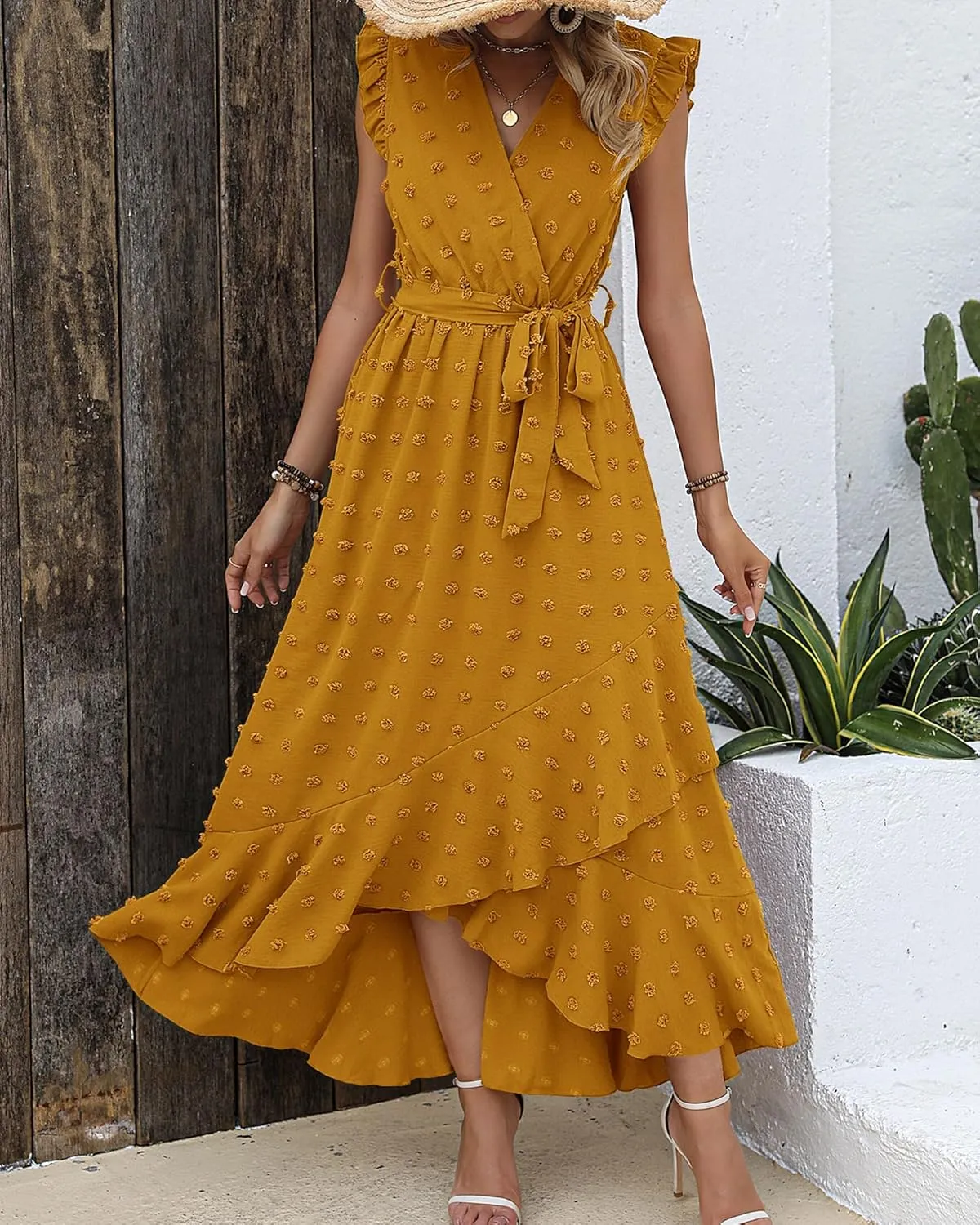BTFBM Women V Neck Summer Dress 2025 Cap Sleeve Swiss Dot Boho Flowy Ruffle Slit Beach Party Long Maxi Cocktail Dresses
