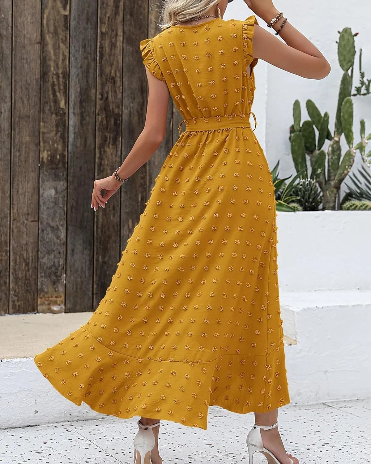BTFBM Women V Neck Summer Dress 2025 Cap Sleeve Swiss Dot Boho Flowy Ruffle Slit Beach Party Long Maxi Cocktail Dresses
