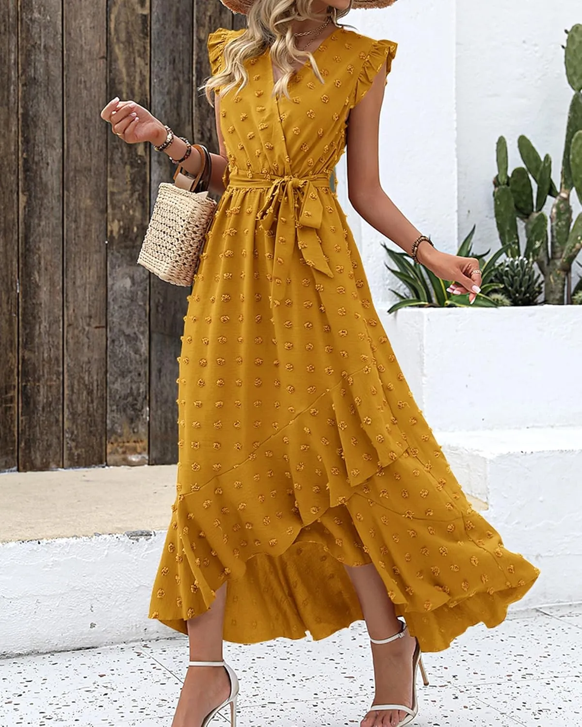 BTFBM Women V Neck Summer Dress 2025 Cap Sleeve Swiss Dot Boho Flowy Ruffle Slit Beach Party Long Maxi Cocktail Dresses