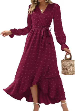 BTFBM Womens Boho Cocktail Maxi Dress Fall Fashion 2025 V Neck Long Sleeve Swiss Dot Flowy Slit Wedding Guest Dresses