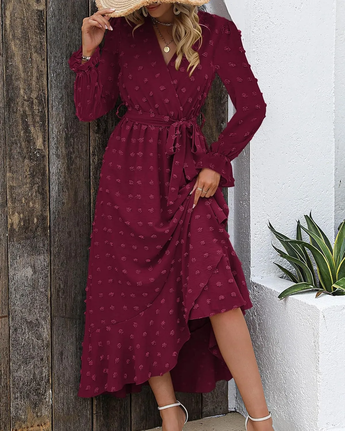 BTFBM Womens Boho Cocktail Maxi Dress Fall Fashion 2025 V Neck Long Sleeve Swiss Dot Flowy Slit Wedding Guest Dresses