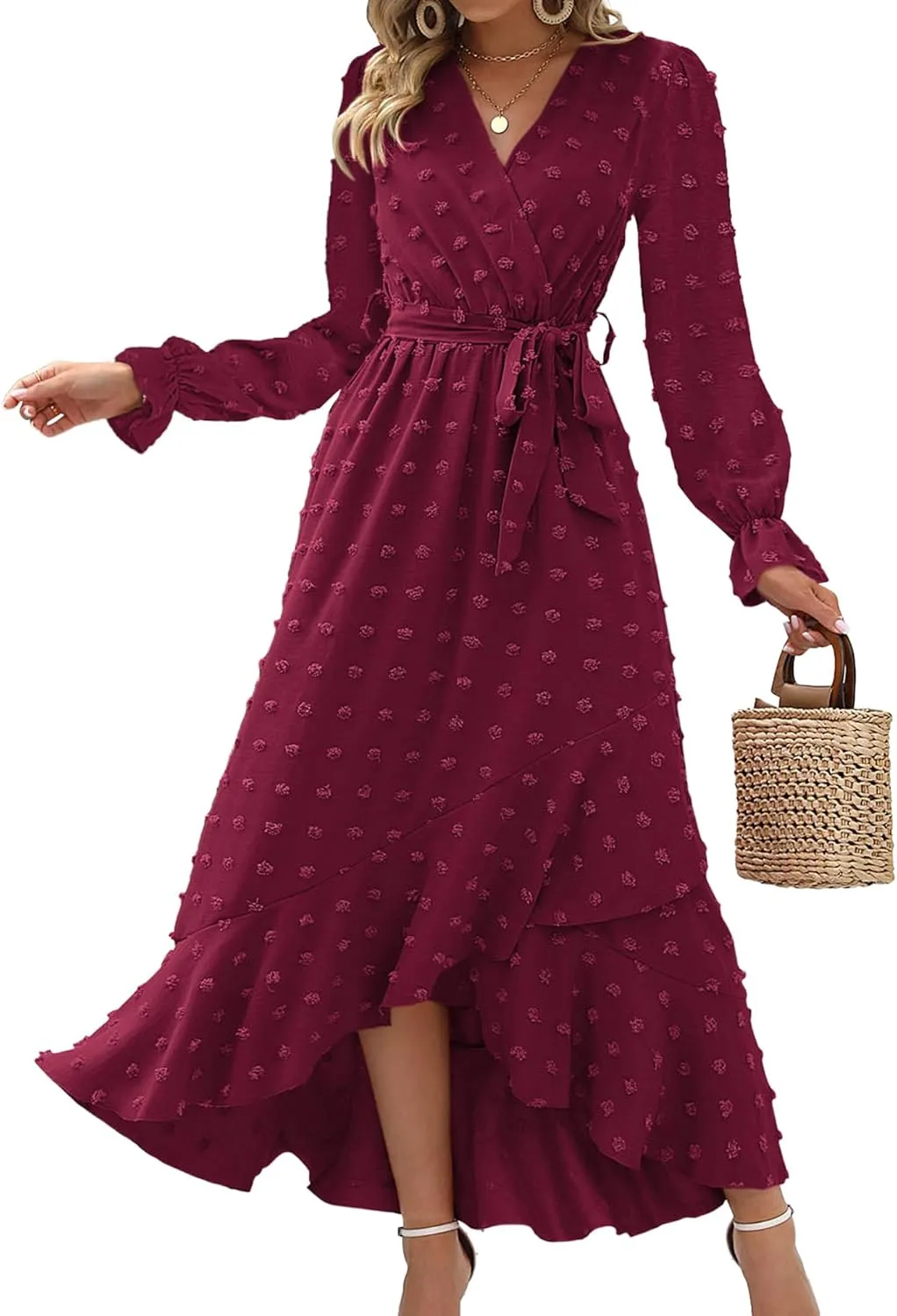 BTFBM Womens Boho Cocktail Maxi Dress Fall Fashion 2025 V Neck Long Sleeve Swiss Dot Flowy Slit Wedding Guest Dresses