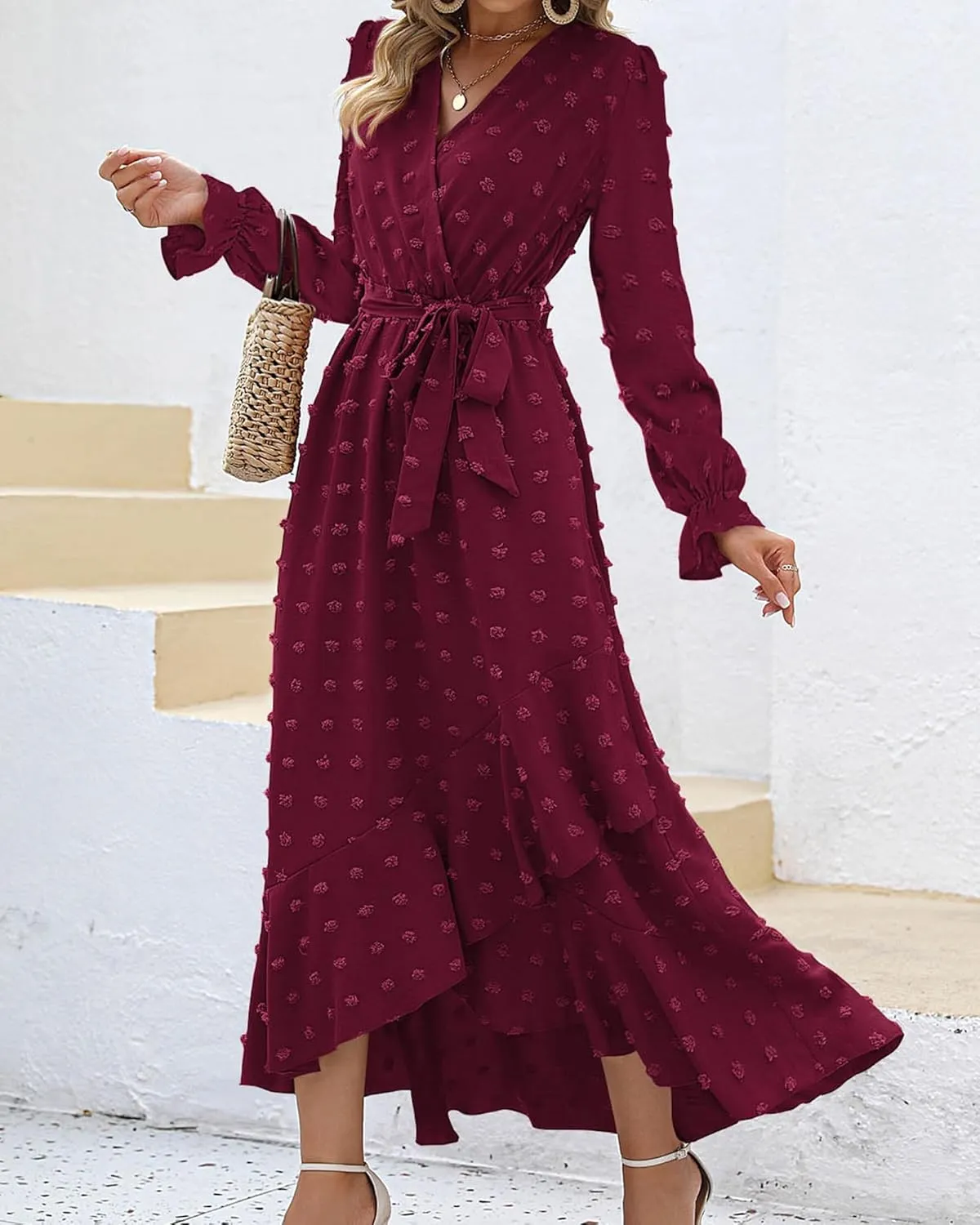 BTFBM Womens Boho Cocktail Maxi Dress Fall Fashion 2025 V Neck Long Sleeve Swiss Dot Flowy Slit Wedding Guest Dresses