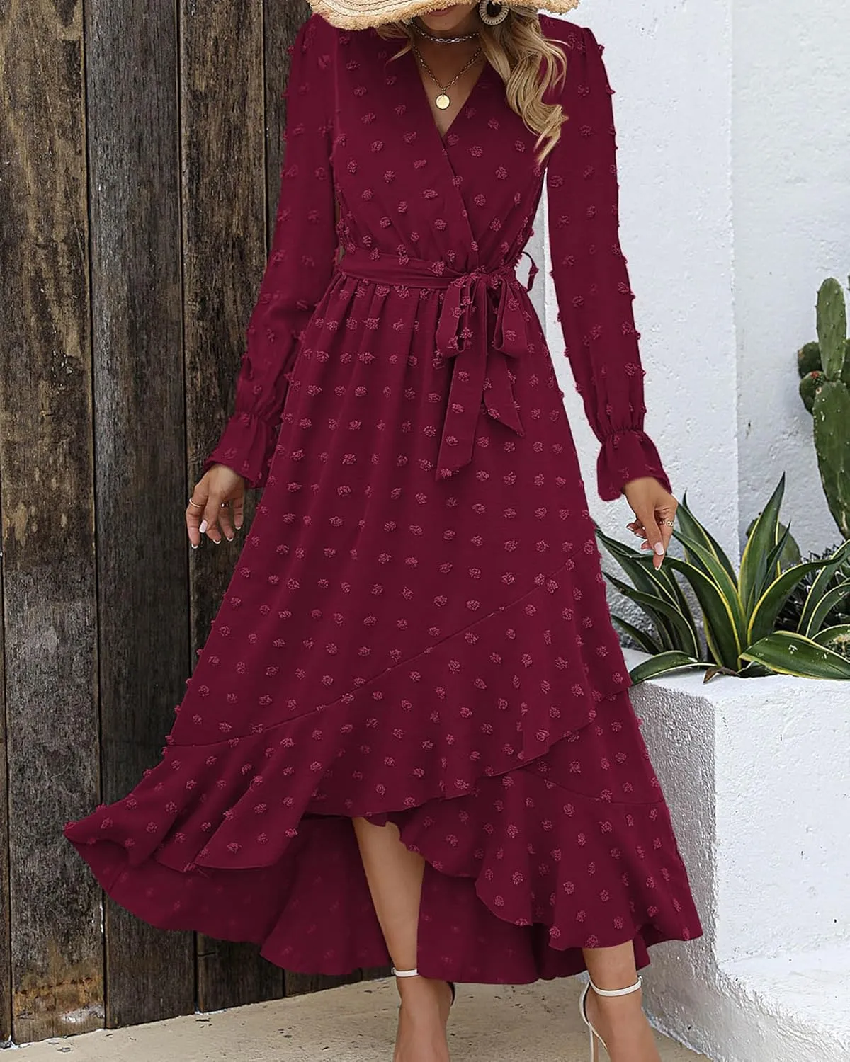 BTFBM Womens Boho Cocktail Maxi Dress Fall Fashion 2025 V Neck Long Sleeve Swiss Dot Flowy Slit Wedding Guest Dresses