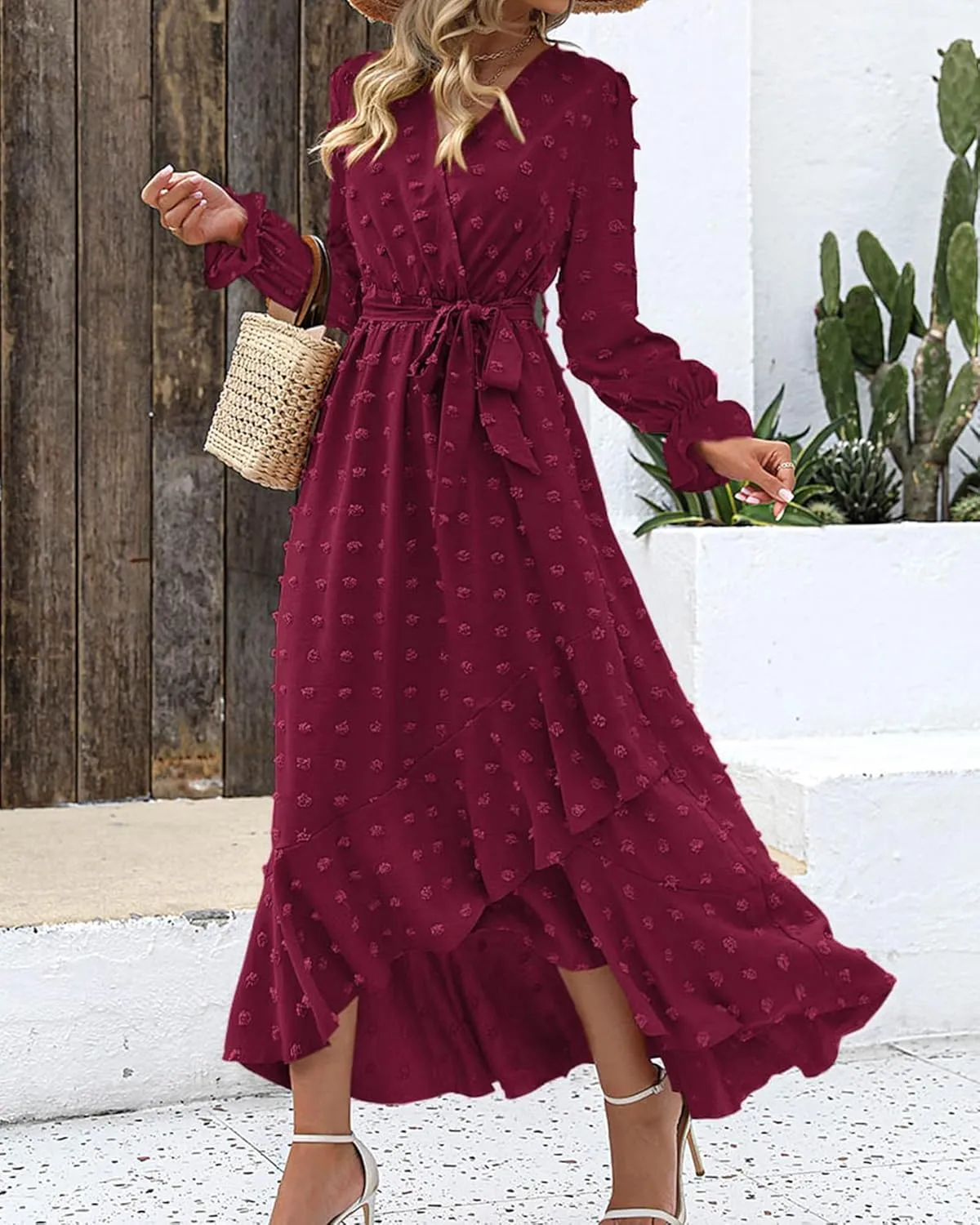 BTFBM Womens Boho Cocktail Maxi Dress Fall Fashion 2025 V Neck Long Sleeve Swiss Dot Flowy Slit Wedding Guest Dresses