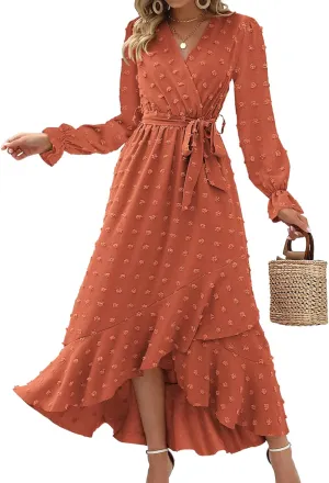 BTFBM Womens Boho Cocktail Maxi Dress Fall Fashion 2025 V Neck Long Sleeve Swiss Dot Flowy Slit Wedding Guest Dresses
