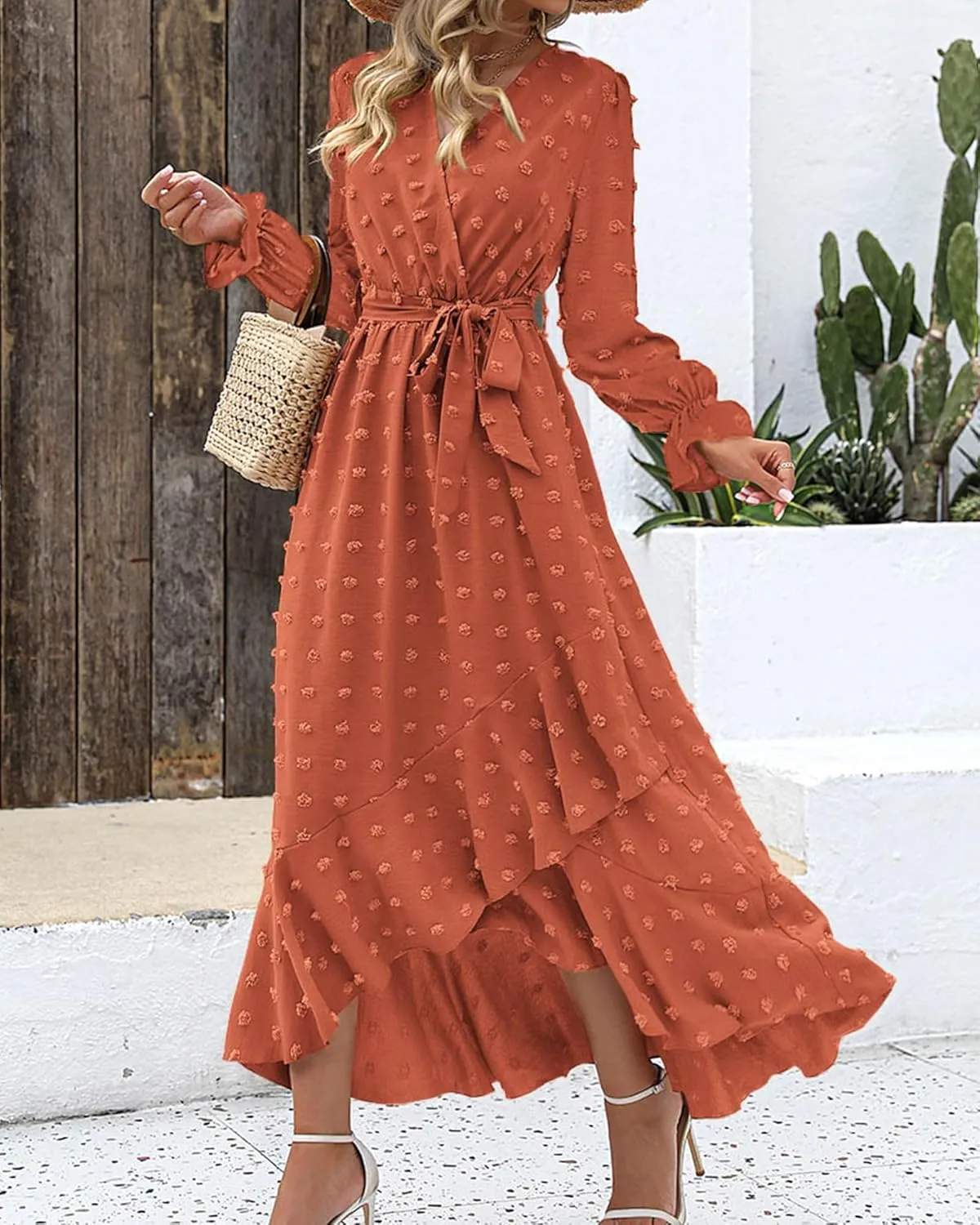 BTFBM Womens Boho Cocktail Maxi Dress Fall Fashion 2025 V Neck Long Sleeve Swiss Dot Flowy Slit Wedding Guest Dresses