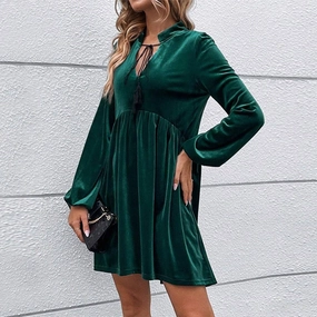 BUBBLY LONG SLEEVED V NECK LACE UP VELVET DRESS_CWDSD3235 BUBBLY LONG SLEEVED V NECK LACE UP VELVET DRESS_CWDSD3235