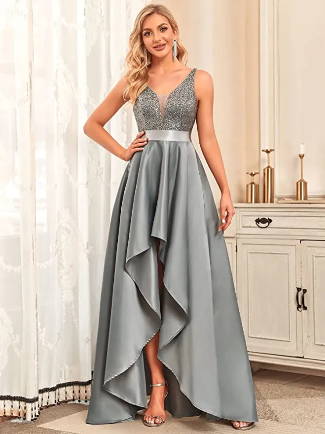 Burgundy Women's V-Neck A-line High-Low Party Dress Long Evening Dress - Ever Pretty