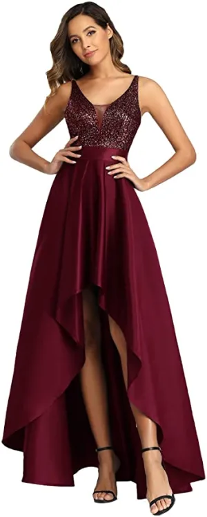 Burgundy Women's V-Neck A-line High-Low Party Dress Long Evening Dress - Ever Pretty
