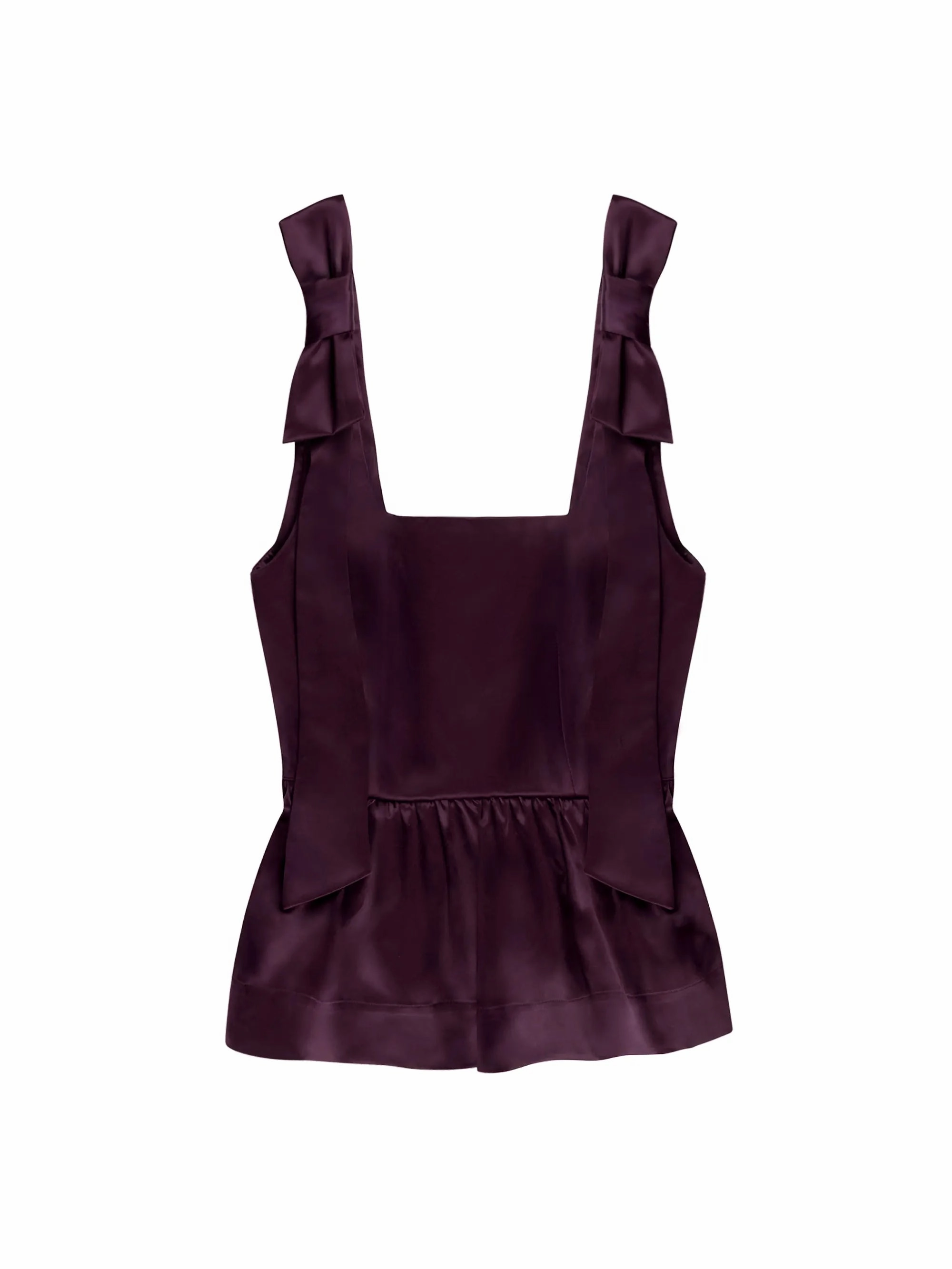 Burgundy Bow-Detail Peplum Satin Top