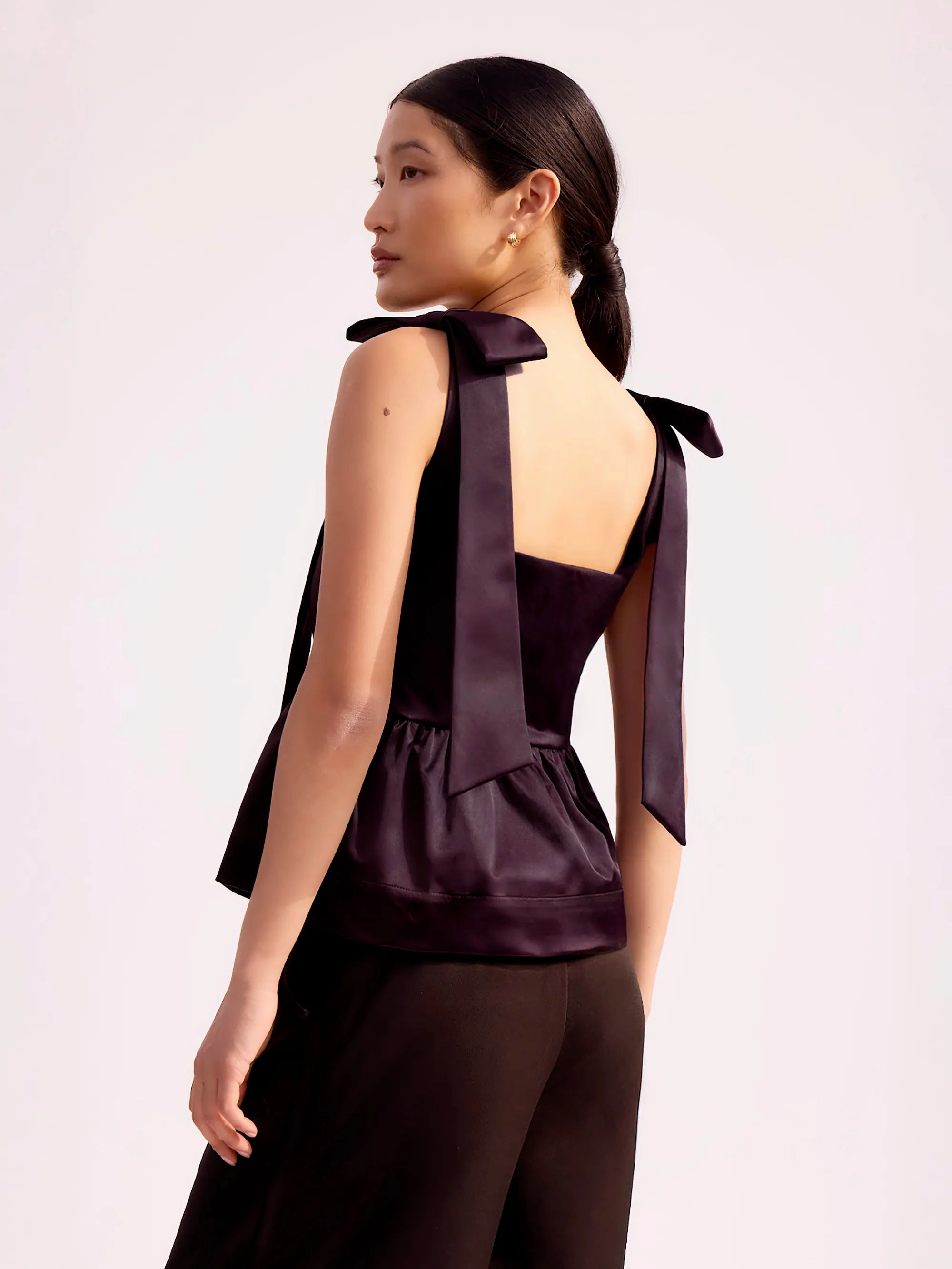 Burgundy Bow-Detail Peplum Satin Top