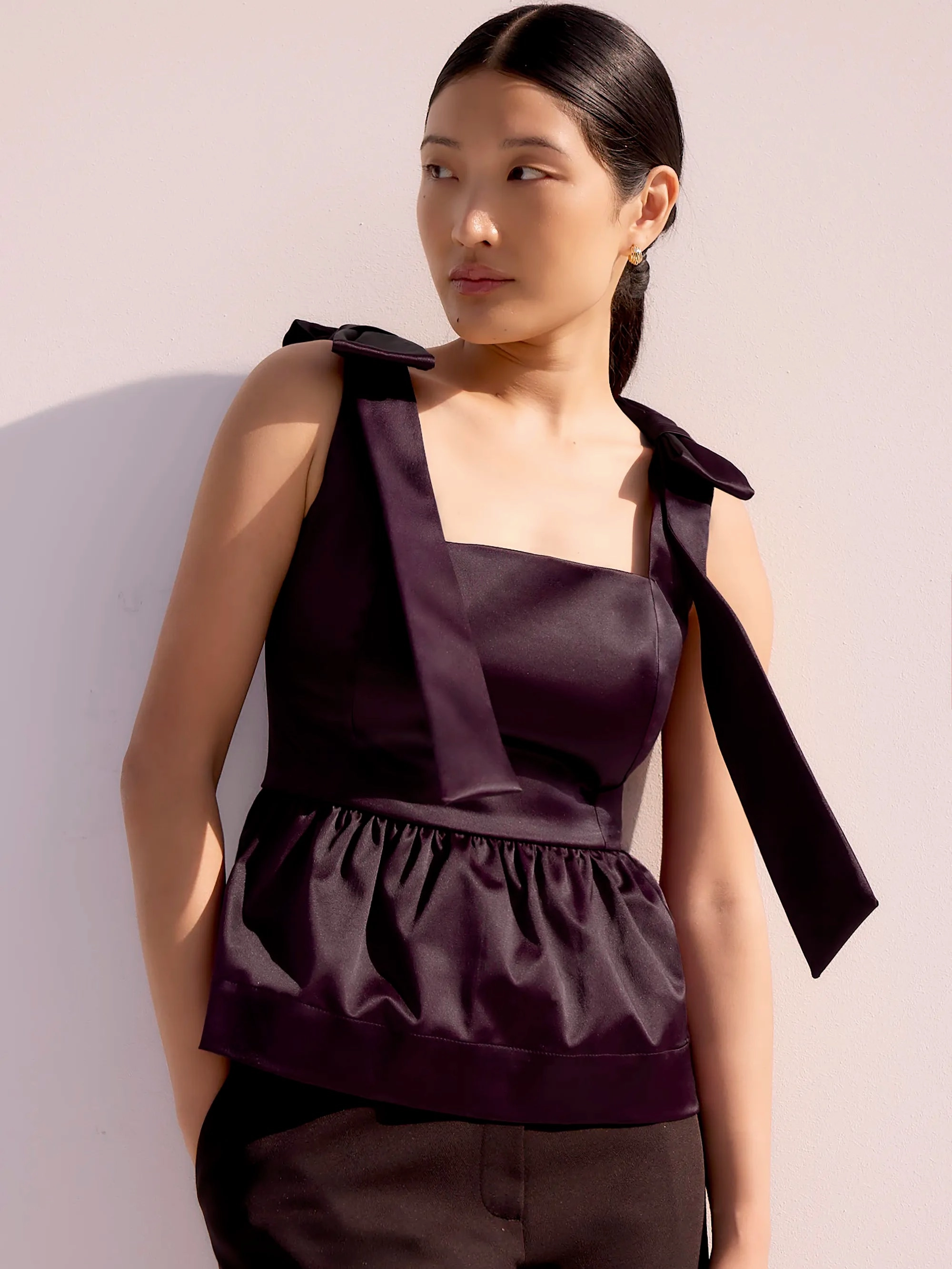 Burgundy Bow-Detail Peplum Satin Top
