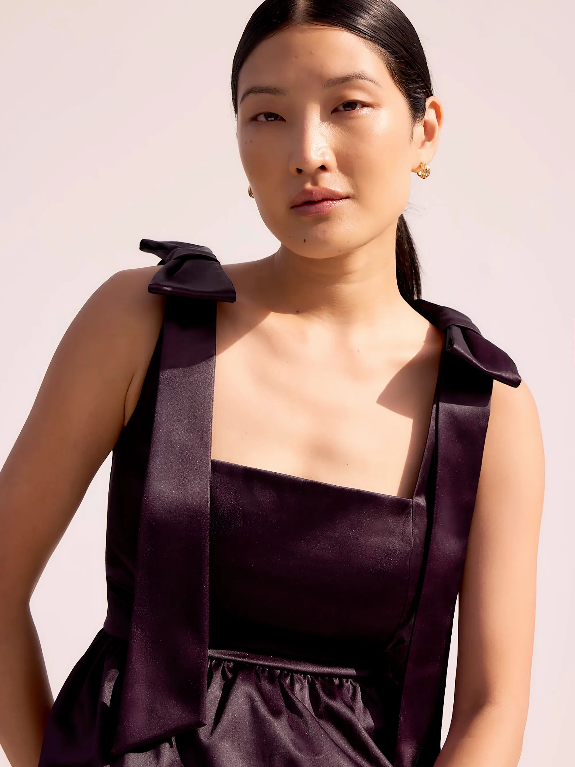 Burgundy Bow-Detail Peplum Satin Top