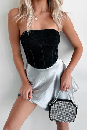 Burned Bridges Strapless Denim Crop Top (Black) Burned Bridges Strapless Denim Crop Top (Black)