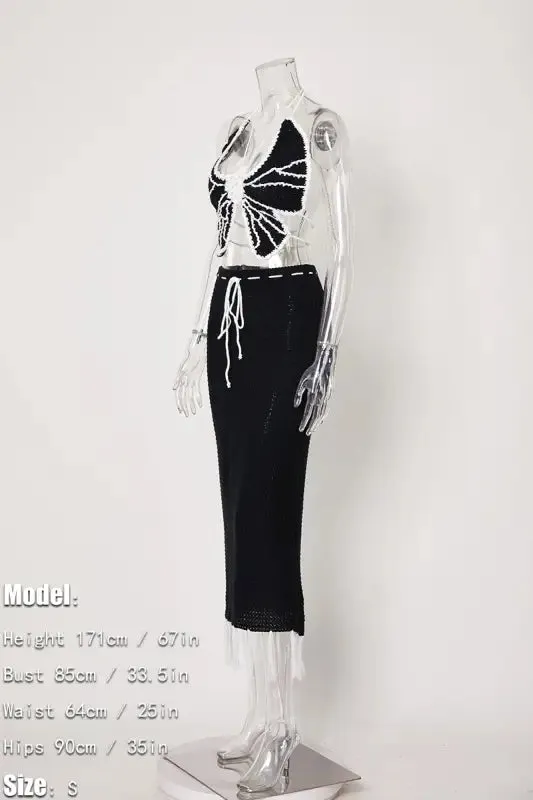 Butterfly Tassel High Waist Crochet Maxi Skirt Set