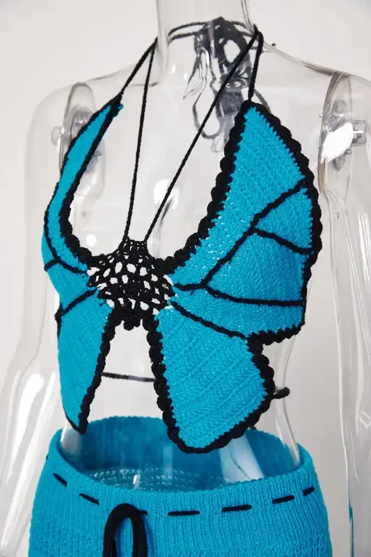 Butterfly Tassel High Waist Crochet Maxi Skirt Set