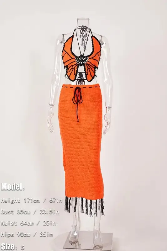 Butterfly Tassel High Waist Crochet Maxi Skirt Set