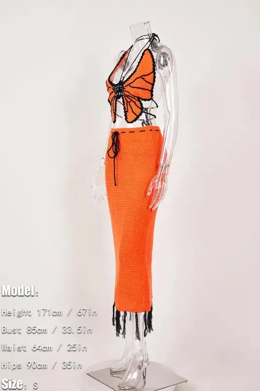 Butterfly Tassel High Waist Crochet Maxi Skirt Set