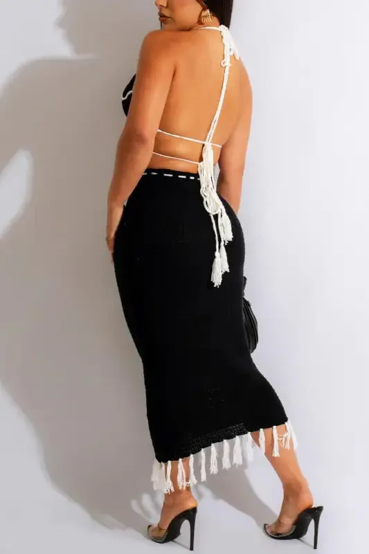 Butterfly Tassel High Waist Crochet Maxi Skirt Set
