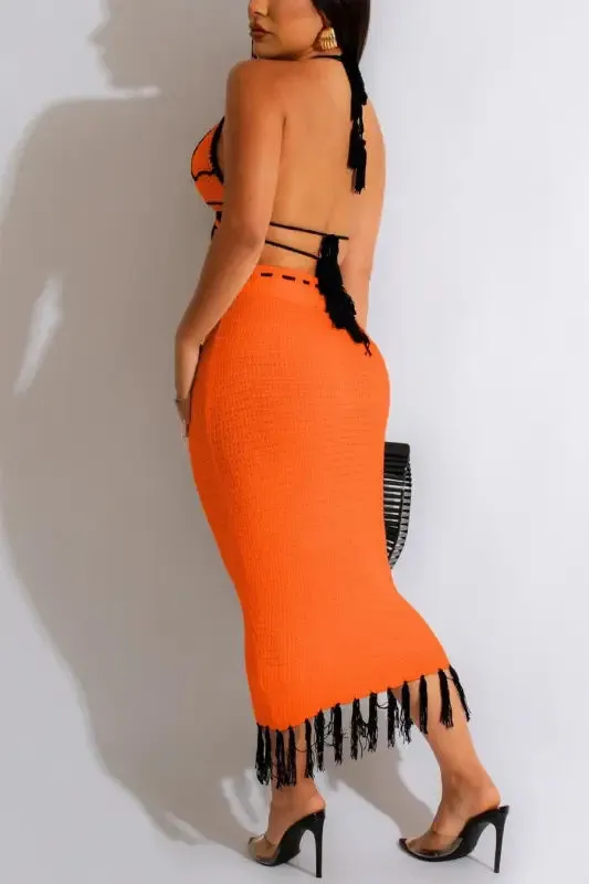 Butterfly Tassel High Waist Crochet Maxi Skirt Set