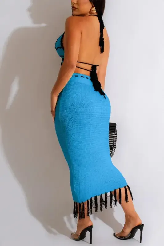 Butterfly Tassel High Waist Crochet Maxi Skirt Set