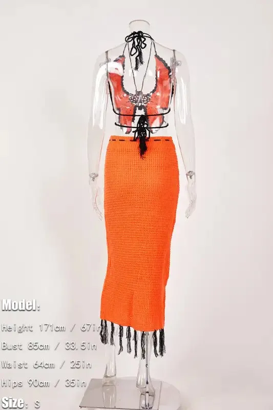 Butterfly Tassel High Waist Crochet Maxi Skirt Set