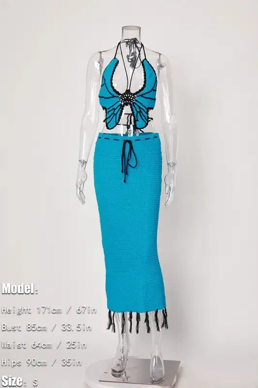 Butterfly Tassel High Waist Crochet Maxi Skirt Set
