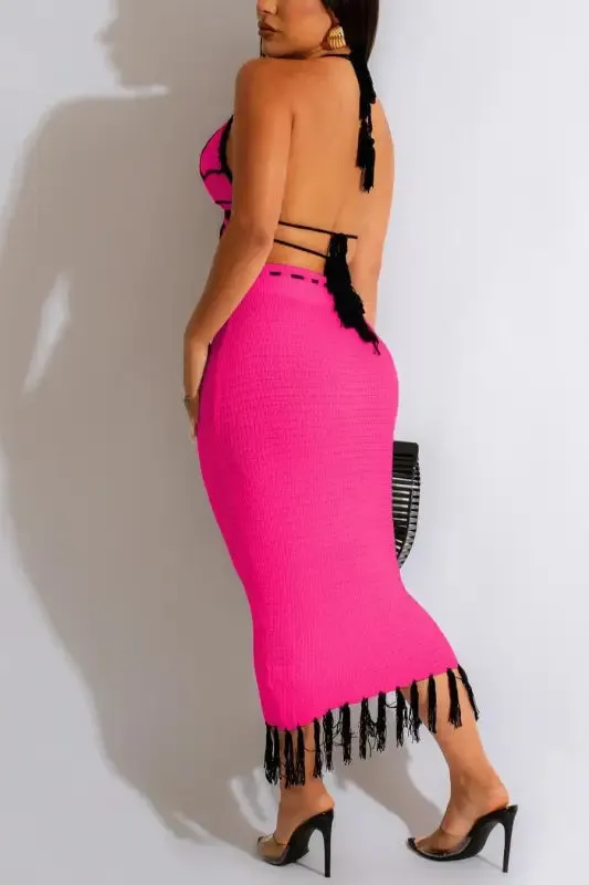 Butterfly Tassel High Waist Crochet Maxi Skirt Set