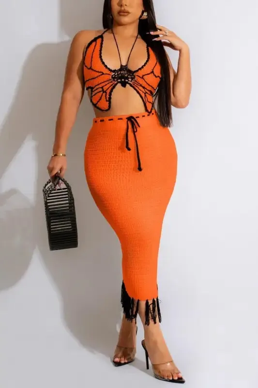 Butterfly Tassel High Waist Crochet Maxi Skirt Set