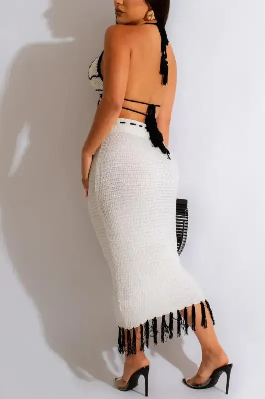 Butterfly Tassel High Waist Crochet Maxi Skirt Set